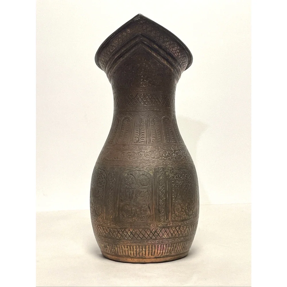Antique Indo Persian Engraved Copper Ewer Pitcher Jug 12” Heavy 50oz